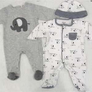 2 Sets ~ 3M Baby Footie Pajamas & Hat by Little Me & Starting Out 🐘 100% Cotton